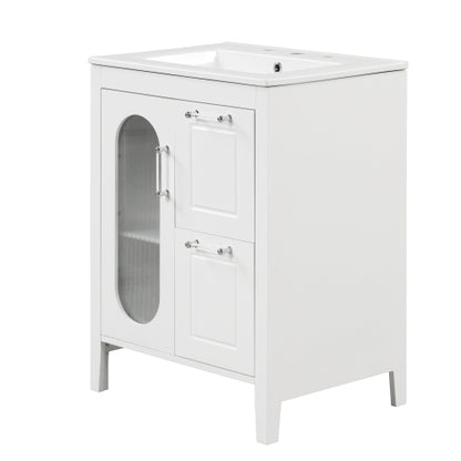 24" Bathroom Vanity with Sink, Bathroom Vanity Cabinet with Two Drawers and Door, Adjustable Shelf, Solid Wood and MDF, White (Old Sku:WF309411AAK)