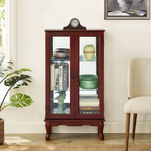 Cherry 3-Tier Lighted Glass Curio Cabinet Acrylic Mirror Back Adjustable Tempered Glass Shelf Home Collection Display Cabinet