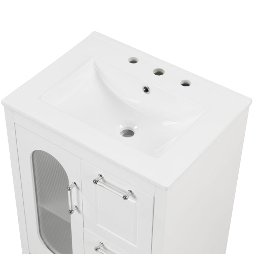 24" Bathroom Vanity with Sink, Bathroom Vanity Cabinet with Two Drawers and Door, Adjustable Shelf, Solid Wood and MDF, White (Old Sku:WF309411AAK)