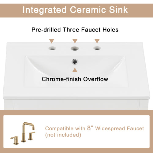 24" Bathroom Vanity with Sink, Bathroom Vanity Cabinet with Two Drawers and Door, Adjustable Shelf, Solid Wood and MDF, White (Old Sku:WF309411AAK)