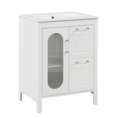 24" Bathroom Vanity with Sink, Bathroom Vanity Cabinet with Two Drawers and Door, Adjustable Shelf, Solid Wood and MDF, White (Old Sku:WF309411AAK)