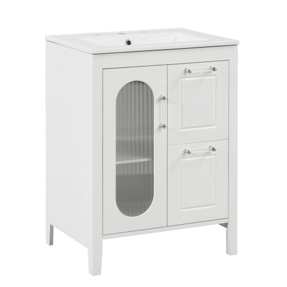 24" Bathroom Vanity with Sink, Bathroom Vanity Cabinet with Two Drawers and Door, Adjustable Shelf, Solid Wood and MDF, White (Old Sku:WF309411AAK)