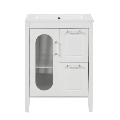 24" Bathroom Vanity with Sink, Bathroom Vanity Cabinet with Two Drawers and Door, Adjustable Shelf, Solid Wood and MDF, White (Old Sku:WF309411AAK)