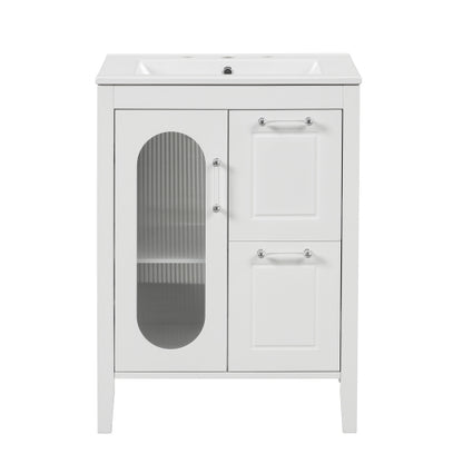24" Bathroom Vanity with Sink, Bathroom Vanity Cabinet with Two Drawers and Door, Adjustable Shelf, Solid Wood and MDF, White (Old Sku:WF309411AAK)
