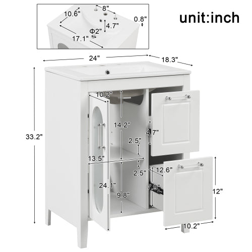 24" Bathroom Vanity with Sink, Bathroom Vanity Cabinet with Two Drawers and Door, Adjustable Shelf, Solid Wood and MDF, White (Old Sku:WF309411AAK)