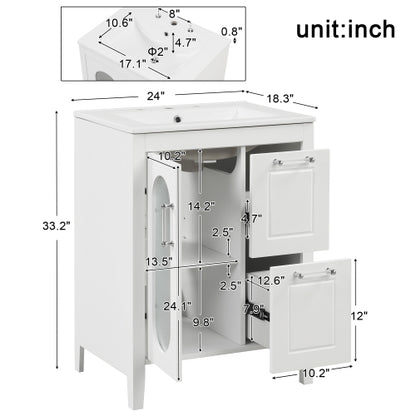 24" Bathroom Vanity with Sink, Bathroom Vanity Cabinet with Two Drawers and Door, Adjustable Shelf, Solid Wood and MDF, White (Old Sku:WF309411AAK)