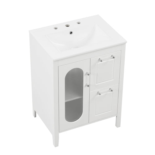 24" Bathroom Vanity with Sink, Bathroom Vanity Cabinet with Two Drawers and Door, Adjustable Shelf, Solid Wood and MDF, White (Old Sku:WF309411AAK)