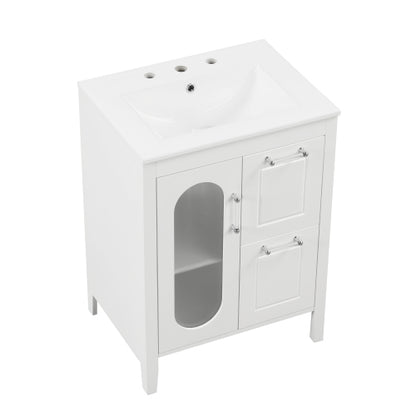24" Bathroom Vanity with Sink, Bathroom Vanity Cabinet with Two Drawers and Door, Adjustable Shelf, Solid Wood and MDF, White (Old Sku:WF309411AAK)