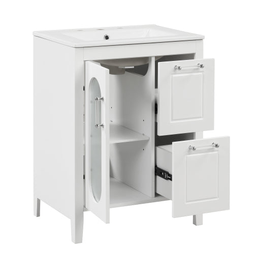 24" Bathroom Vanity with Sink, Bathroom Vanity Cabinet with Two Drawers and Door, Adjustable Shelf, Solid Wood and MDF, White (Old Sku:WF309411AAK)