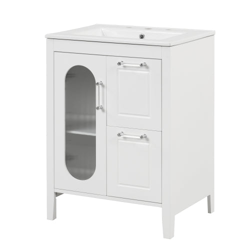 24" Bathroom Vanity with Sink, Bathroom Vanity Cabinet with Two Drawers and Door, Adjustable Shelf, Solid Wood and MDF, White (Old Sku:WF309411AAK)