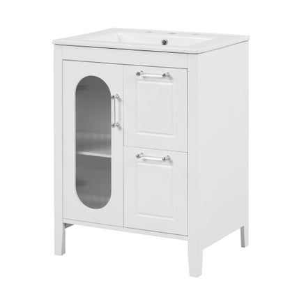 24" Bathroom Vanity with Sink, Bathroom Vanity Cabinet with Two Drawers and Door, Adjustable Shelf, Solid Wood and MDF, White (Old Sku:WF309411AAK)