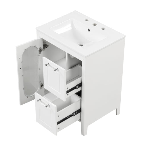 24" Bathroom Vanity with Sink, Bathroom Vanity Cabinet with Two Drawers and Door, Adjustable Shelf, Solid Wood and MDF, White (Old Sku:WF309411AAK)