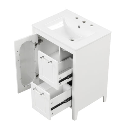 24" Bathroom Vanity with Sink, Bathroom Vanity Cabinet with Two Drawers and Door, Adjustable Shelf, Solid Wood and MDF, White (Old Sku:WF309411AAK)