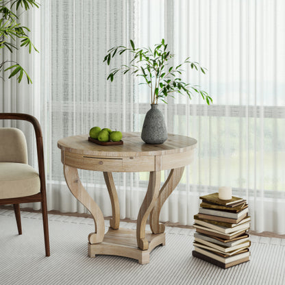 Farmhouse Round End Table 2 Drawer MDF Veneer Accent Side Table Natural Wood