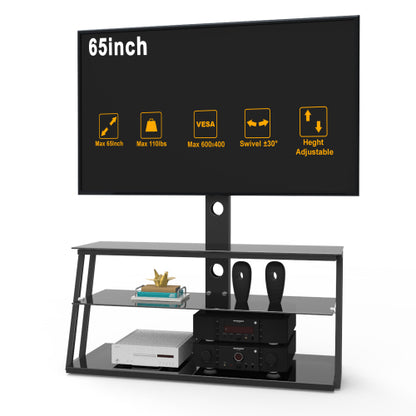 Black Height & Angle Adjustable Tempered Glass TV Stand with Cable Management for 32-65 Inch TV