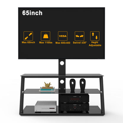 Black Height & Angle Adjustable Tempered Glass TV Stand with Cable Management for 32-65 Inch TV