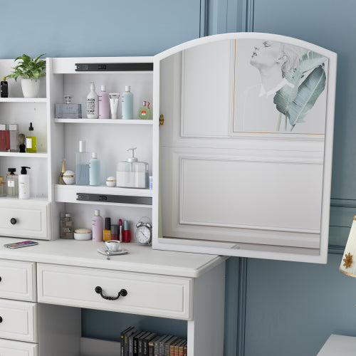 White Makeup Vanity Table with Mirror & Lights, 3 Color LED, 6 Drawers, Tabletop Shelf, Side Shelves & Sliding Glass Door