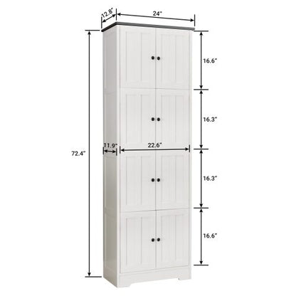 24inch L x 12.8inch W x 72.4inch H Tall Storage Cabinet with 8 Doors and 4 Shelves White Wall Cabinet