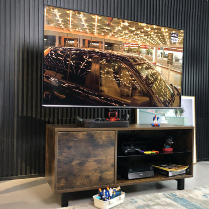 Rustic Brown Wood Glass TV Console, Push-to-Open Storage Cabinet for Up to 65 Inch TV