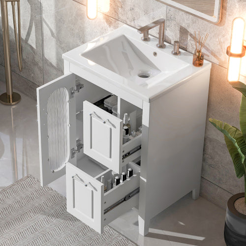 24" Bathroom Vanity with Sink, Bathroom Vanity Cabinet with Two Drawers and Door, Adjustable Shelf, Solid Wood and MDF, White (Old Sku:WF309411AAK)