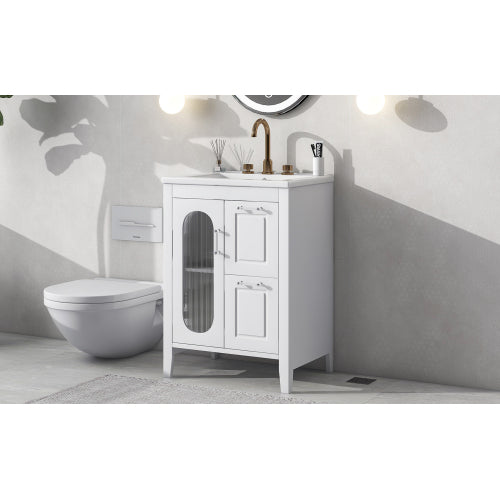 24" Bathroom Vanity with Sink, Bathroom Vanity Cabinet with Two Drawers and Door, Adjustable Shelf, Solid Wood and MDF, White (Old Sku:WF309411AAK)