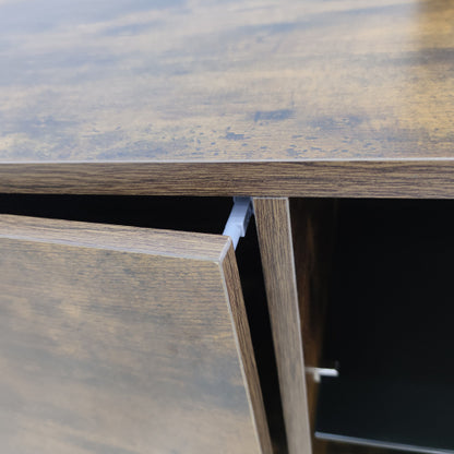 Rustic Brown Wood Glass TV Console, Push-to-Open Storage Cabinet for Up to 65 Inch TV