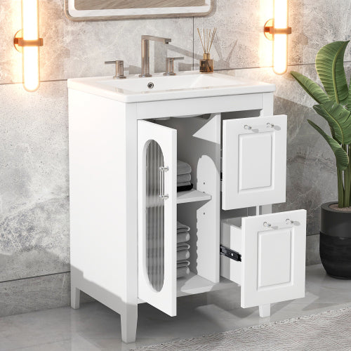 24" Bathroom Vanity with Sink, Bathroom Vanity Cabinet with Two Drawers and Door, Adjustable Shelf, Solid Wood and MDF, White (Old Sku:WF309411AAK)