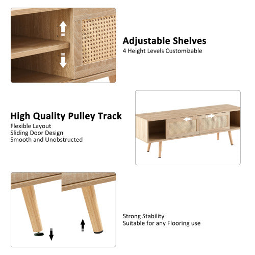55.12 Inch Natural Rattan Sliding Door TV Cabinet With Adjustable Shelf