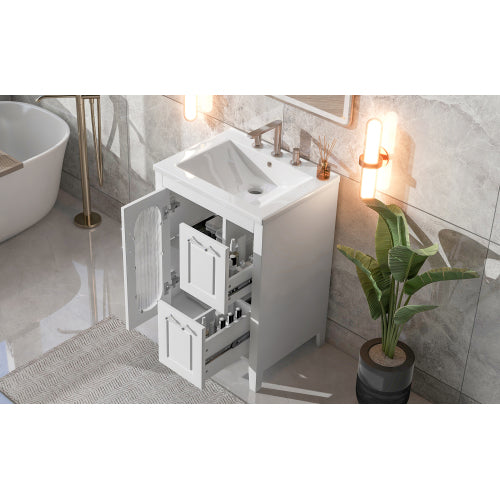 24" Bathroom Vanity with Sink, Bathroom Vanity Cabinet with Two Drawers and Door, Adjustable Shelf, Solid Wood and MDF, White (Old Sku:WF309411AAK)