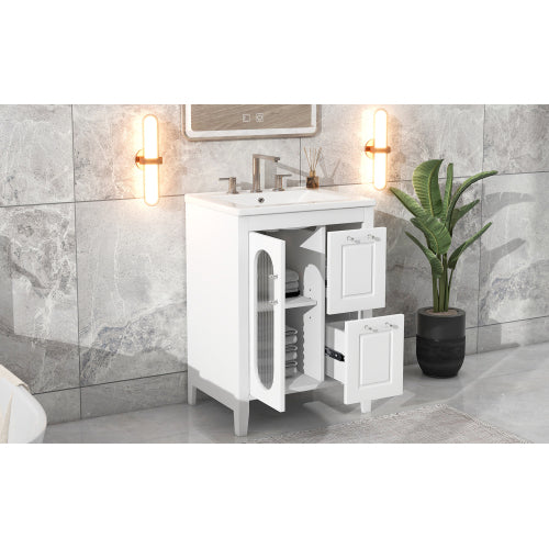 24" Bathroom Vanity with Sink, Bathroom Vanity Cabinet with Two Drawers and Door, Adjustable Shelf, Solid Wood and MDF, White (Old Sku:WF309411AAK)