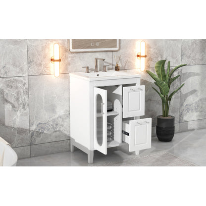 24" Bathroom Vanity with Sink, Bathroom Vanity Cabinet with Two Drawers and Door, Adjustable Shelf, Solid Wood and MDF, White (Old Sku:WF309411AAK)
