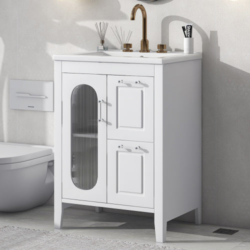 24" Bathroom Vanity with Sink, Bathroom Vanity Cabinet with Two Drawers and Door, Adjustable Shelf, Solid Wood and MDF, White (Old Sku:WF309411AAK)