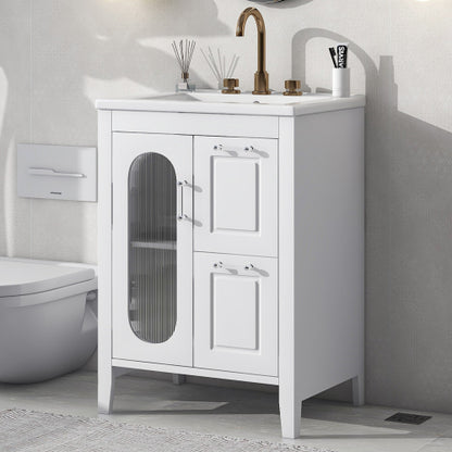 24" Bathroom Vanity with Sink, Bathroom Vanity Cabinet with Two Drawers and Door, Adjustable Shelf, Solid Wood and MDF, White (Old Sku:WF309411AAK)