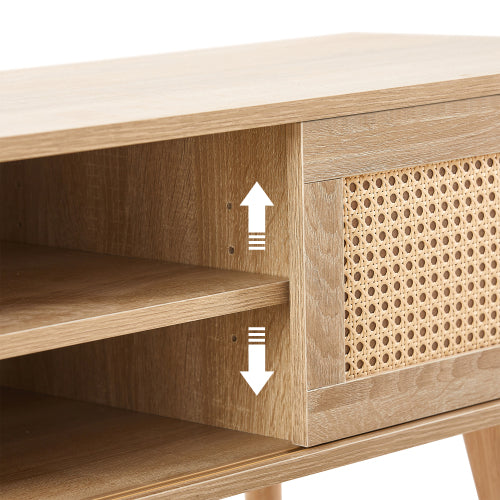 55.12 Inch Natural Rattan Sliding Door TV Cabinet With Adjustable Shelf