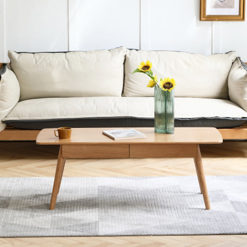Solid Wood Coffee Table Oak Center Table with 2 Drawers Study Living Room Desk Natural Wood