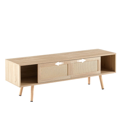 55.12 Inch Natural Rattan Sliding Door TV Cabinet With Adjustable Shelf