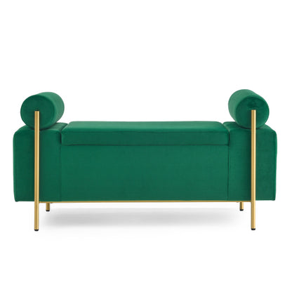 Elegant Upholstered Velvet Storage Bench with Cylindrical Arms and Iron Legs for Hallway Living Room Bedroom, Green