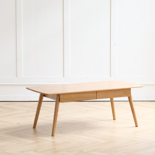 Solid Wood Coffee Table Oak Center Table with 2 Drawers Study Living Room Desk Natural Wood