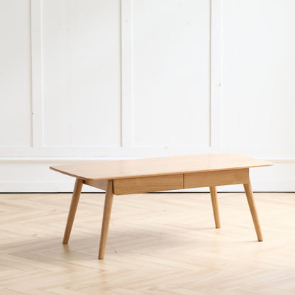 Solid Wood Coffee Table Oak Center Table with 2 Drawers Study Living Room Desk Natural Wood