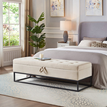 58.6inch  Bed Bench Metal Base with Storage Beige Velvet
