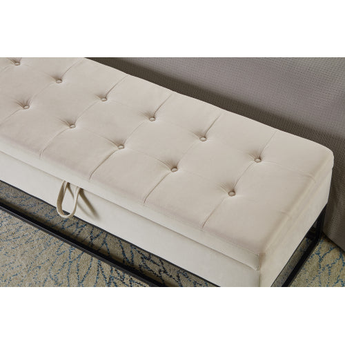 58.6inch  Bed Bench Metal Base with Storage Beige Velvet