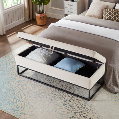58.6inch  Bed Bench Metal Base with Storage Beige Velvet
