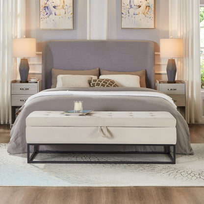 58.6inch  Bed Bench Metal Base with Storage Beige Velvet