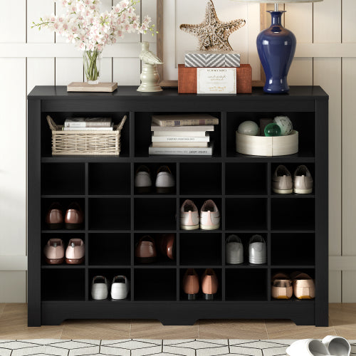 24 Cubby Shoe Storage Cabinet with Curved Base Black Organizer Console