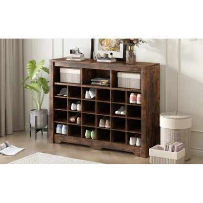24 Cubby Shoe Storage Cabinet with Curved Base Rustic Brown Organizer Console