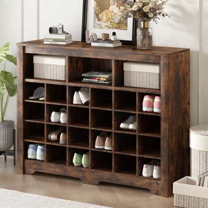 24 Cubby Shoe Storage Cabinet with Curved Base Rustic Brown Organizer Console