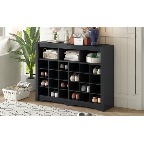 24 Cubby Shoe Storage Cabinet with Curved Base Black Organizer Console