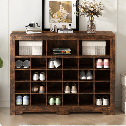 24 Cubby Shoe Storage Cabinet with Curved Base Rustic Brown Organizer Console