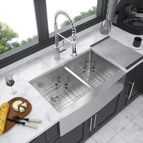 Double Bowl (50/50) Farmhouse Sink - 33" x 21" x 10" Stainless Steel Apron Front Kitchen Sink 16 Gauge with Two 10" Deep Basin