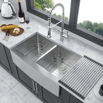 Double Bowl (50/50) Farmhouse Sink - 33" x 21" x 10" Stainless Steel Apron Front Kitchen Sink 16 Gauge with Two 10" Deep Basin